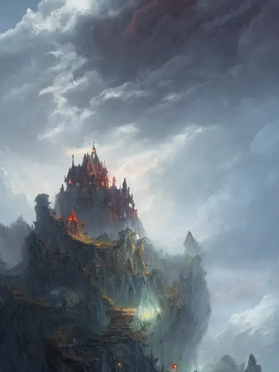 Image similar to photo of 8k ultra realistic castle on cliff surrounded by swirling clouds and lighting, dark, menacing, full of colour, cinematic lighting, battered, trending on artstation, 4k, hyperrealistic, focused, extreme details,unreal engine 5, cinematic, masterpiece, art by Peter Mohrbacher