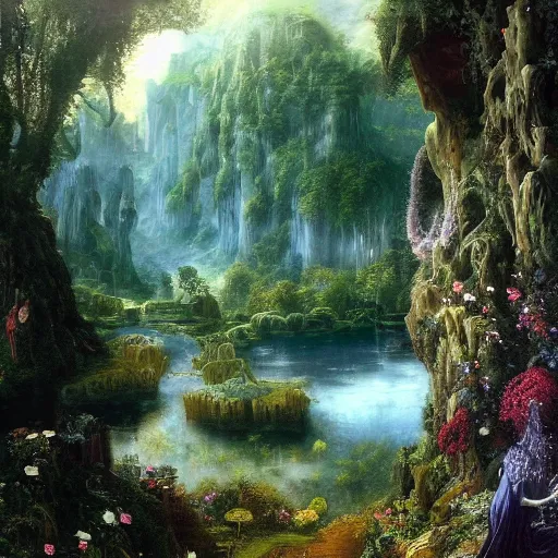 Image similar to a beautiful and highly detailed matte painting of a magical garden of delights in a mystical forest in a dream like valley deep in the magical mountains of avalon, intricate details, epic scale, insanely complex, 8 k, sharp focus, hyperrealism, very realistic, by caspar friedrich, albert bierstadt, james gurney, brian froud,