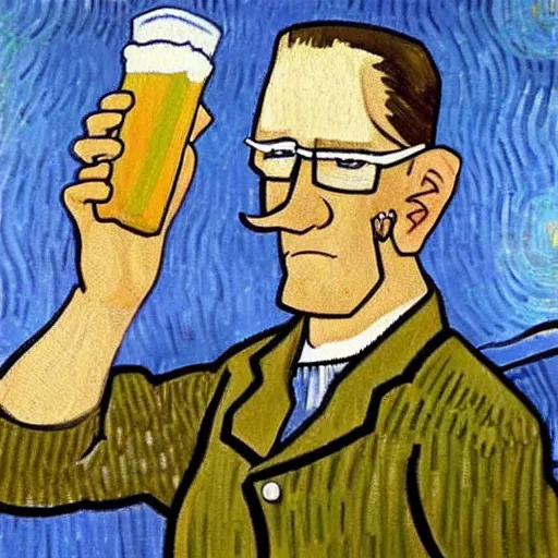 Prompt: hank hill drinking a beer, painting by van gogh