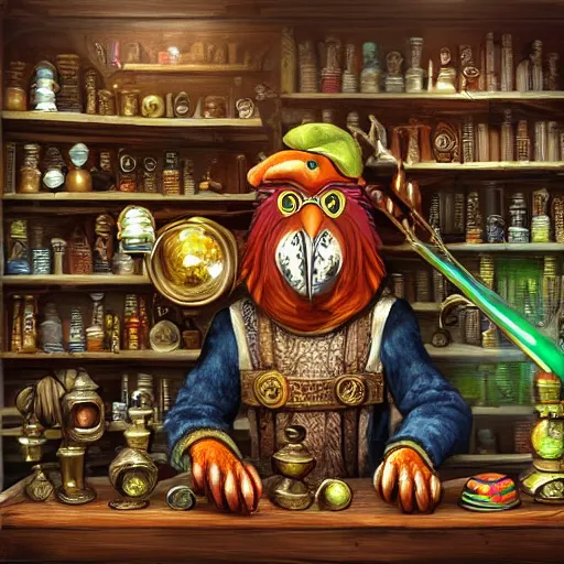 Prompt: Anthropomorphized parrot trader in his shop, shelves full, shining warm lamp, shelves full, selling a gem, portrait, items, magic potions, carpet, window, fancy funny hat, sly expression , cunning expression, cute expression, presenting magic gem, D&D, fantasy, cinematic lighting, highly detailed, digital painting, artstation, concept art, smooth, sharp focus, illustration, warm light, cozy warm tint, magic the gathering artwork, volumetric lighting, 8k, no gold, no gold colours, art by Akihiko Yoshida, Greg Rutkowski