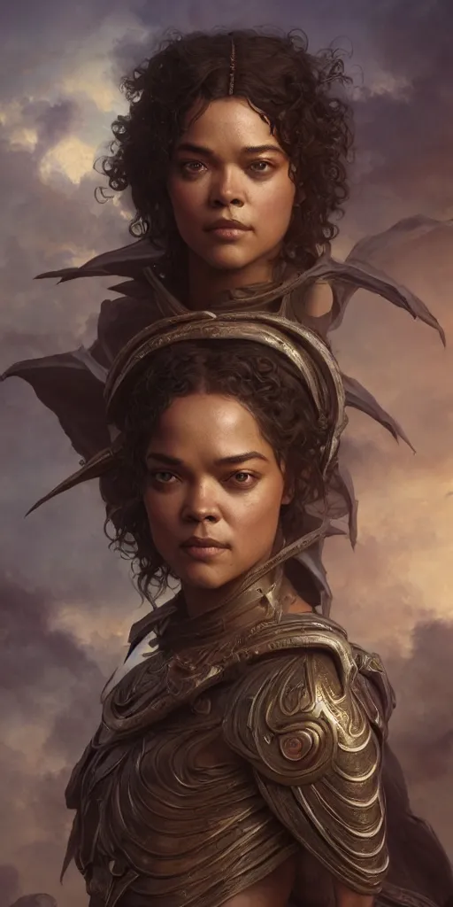 Image similar to tessa thompson, beautiful fantasy maiden, dungeons and dragons, masterpiece by edgar maxence and ross tran and michael whelan, gustav dore, 8 k, octane render