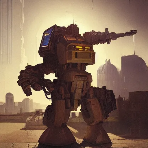 Image similar to Vermeer photographed photorealistic vfx movie cyberpunk aesthetic TOOL album holographic cover art of a giant mech warrior. 3D octane.