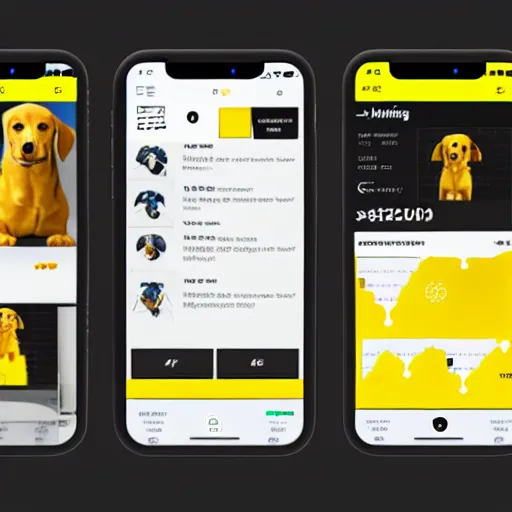 Image similar to a full ux layout of a mechanical dog dashboard and marketplace mobile app for ios with a black and yellow theme.