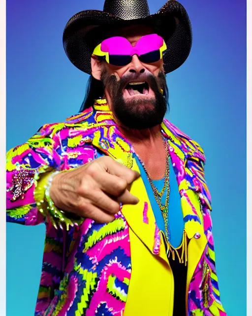 Prompt: disney pixar portrait 8 k photo of macho king randy savage yelling at camera wearing brightly colored sunglasses, cowboy hat, pants and jacket with tassles : : by weta, greg rutkowski, wlop, ilya kuvshinov, rossdraws, artgerm, annie leibovitz, rave, unreal engine, alphonse mucha : :