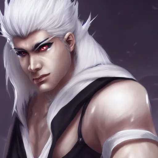 Prompt: white haired parted down the middle, black sclera white pupil, hakama wearing effeminate beautiful asian man, league of legends style, splash art, highly detailed, vray, trending on artstation