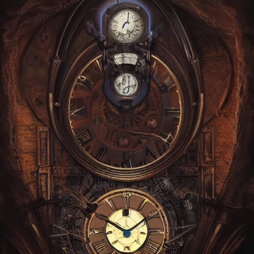 Prompt: clock, hands of time, arcane magic clockwork demon, steampunk in the style of michael whelan and gustave dore. hyperdetailed photorealism by greg rutkowski. 1 0 8 megapixels, 3 d finalrender, cinematic lighting