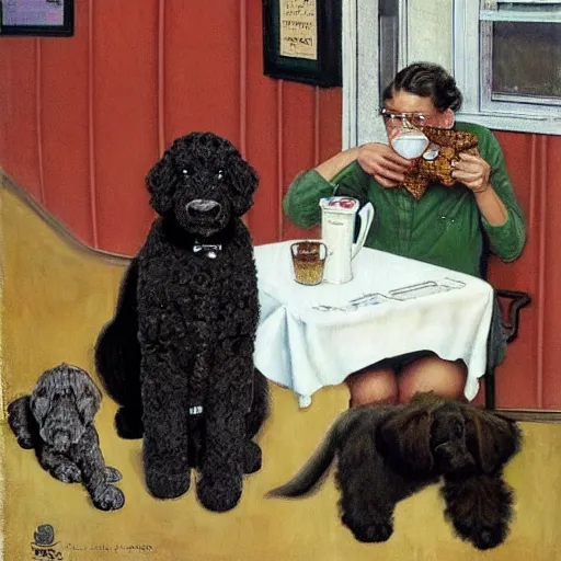 Image similar to Black Goldendoodle with a bright face and a puppy sitting at a diner drinking a cup of coffee, looking melancholy, Norman Rockwell style