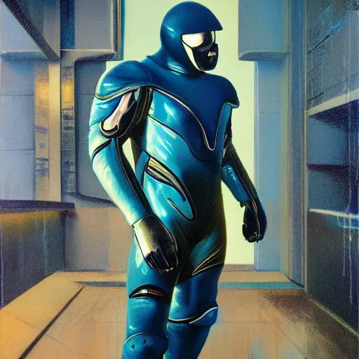 Image similar to sylvester stallone in blue metal cyber suit, tech noir, wet reflections, prism, atmospheric, ambient, pj crook, syd mead, livia prima, greg rutkowski, edward hopper