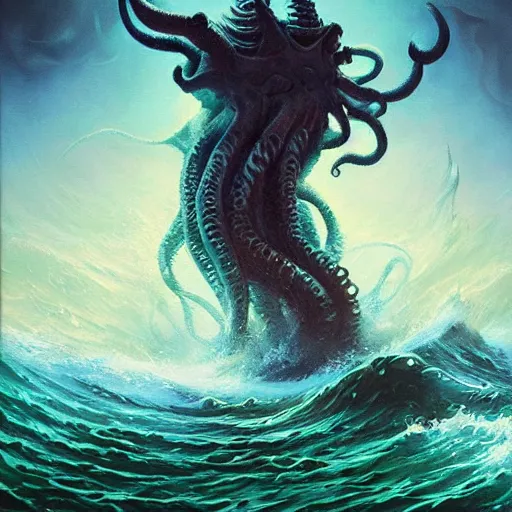 Prompt: oil painting of cthulhu rising from the ocean, epic scene, gigantic monster, peter mohrbacher