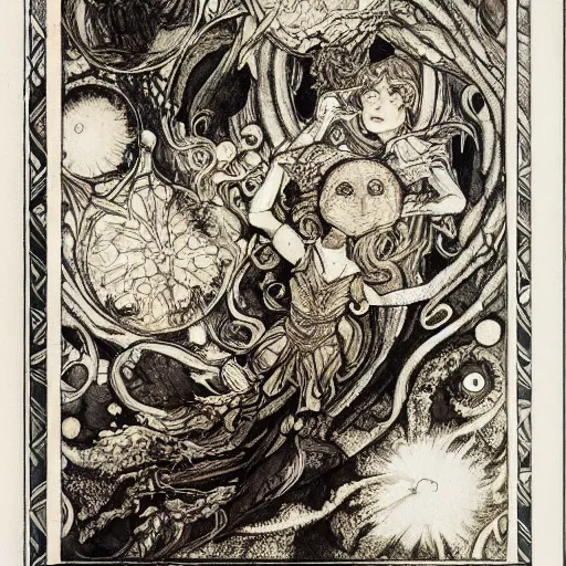 Prompt: many terrible eyes in space, fabulous illustrations, oil painting, symmetric, elegant, illustrations by irish fairy tales james stephens arthur rackham, 4k, 8k ,