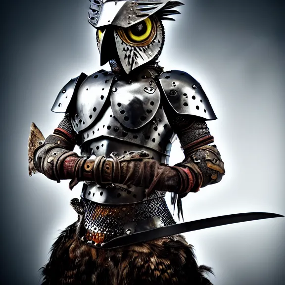 Image similar to photo of a warrior with metal owl theme armour, 4 k, hdr, smooth, sharp focus, high resolution, award - winning photo