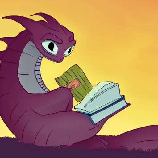 Prompt: cute dragon reading a book in the style of how to train your dragon