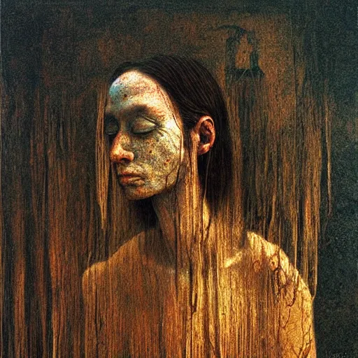 Prompt: portrait of 3500 years old girl, painting by Beksinski