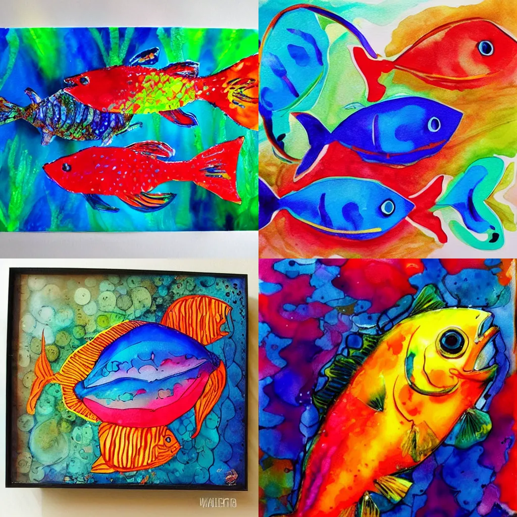 Prompt: colorful fish, alcohol ink painting, very beautiful, stunnig masterpiece by a very talented artist, award-winning