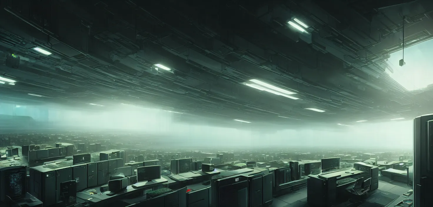 Image similar to computers, green screen, wired in, in a highly detailed server room with computers everywhere, cinematic view, epic sky, detailed, concept art, low angle, high detail, warm lighting, volumetric, godrays, vivid, beautiful, trending on artstation, by jordan grimmer, huge scene, art greg rutkowski