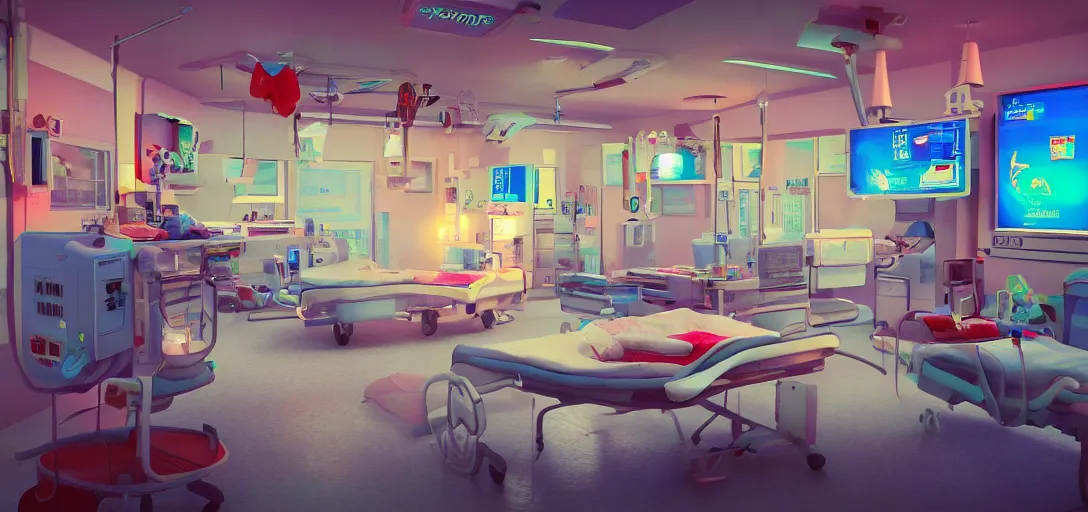 Image similar to retro hospital, colorful, 8 k photorealistic, hd, high details, trending on artstation