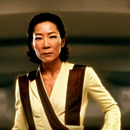 Image similar to michelle yeoh playing as luke sywalker in star wars ( 1 9 7 7 ) sharp focus, shallow depth of field, 4 k editorial photograph, cinematic lighting