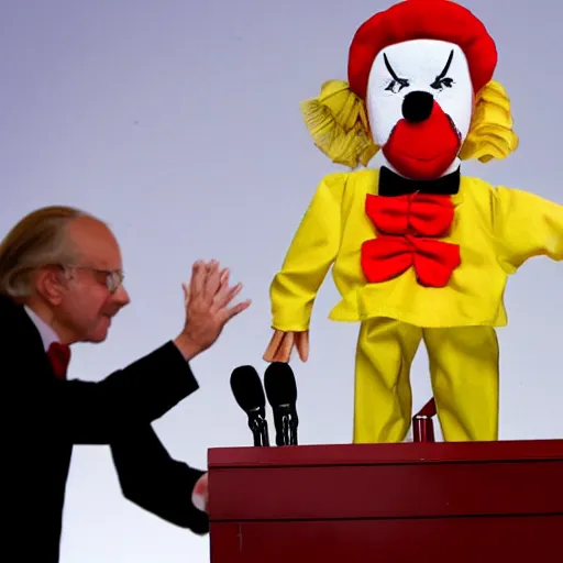 Image similar to puppet show with a puppeteer using a president with clown makeup in a podium