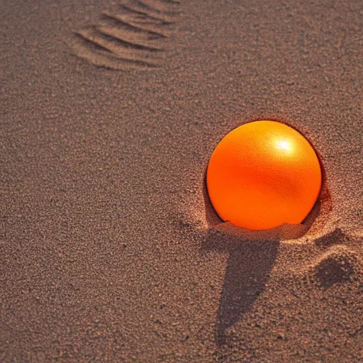 Prompt: a sphere with a photorealistic orange in the sand, Movie Still projected onto it.