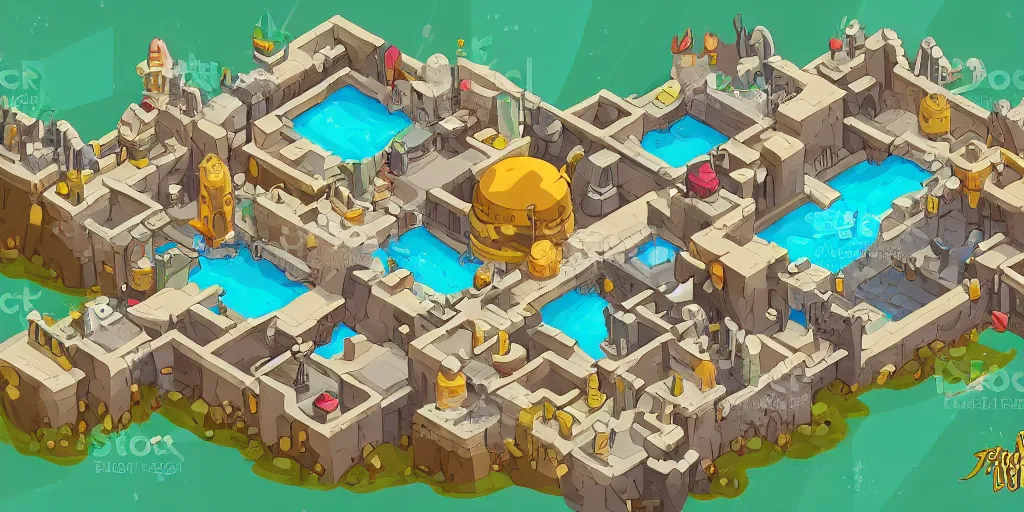 Image similar to A high detailed isometric vector art presenting an aerial view of a RPG room by dofus, Bastion, Transistor, pyre, hades, Patreon content, containing tables and walls, HD, straight lines, vector, grid, dnd map, map patreon, fantasy maps, foundry vtt, fantasy grounds, aerial view ,dungeondraft , tabletop, inkarnate, dugeondraft, roll20