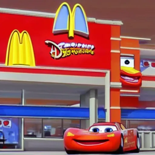Image similar to Still image from a Disney movie of Lightning Mcqueen working at McDonalds
