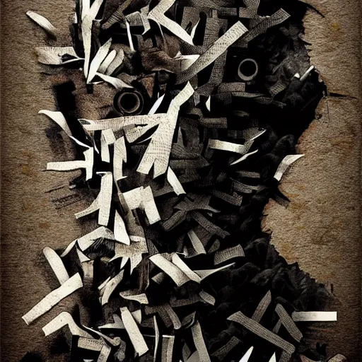 Prompt: man face shredded like paper peeling, dark, surreal, illustration, by ally burke