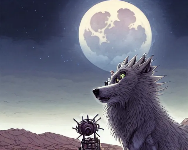 Image similar to a cell shaded grey lovecraftian mechanized wolf from howl's moving castle ( 2 0 0 4 ), with a big head, on a desert road, wide shot, in front of a big moon, muted colors, post grunge, josan gonzales, wlop, by james jean, victor ngai, hq, deviantart, art by artgem