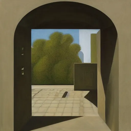 Image similar to first person view of a stark concrete maze, people peering into portholes, grant wood, pj crook, edward hopper, oil on canvas