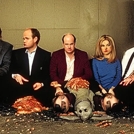 Prompt: the cast of frasier covered in animal blood and guts trapped in a horror movie in a charnel house underground