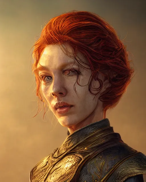 Image similar to the elder scrolls vi, charismatic rugged female redhead breton mage portrait, illustration, rim light, top light, perfectly shaded, golden hour, epic, intricate, soft painting, art by mark kent, jordan lamarre - wan, igor kieryluk, maxim verehin, miranda meeks