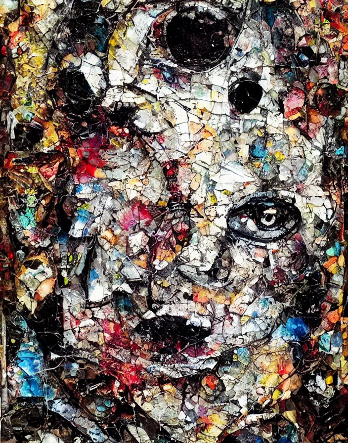 Prompt: planet killer analogue mixed media collage with canvas texture in style of contemporary art, punk art, realistic emotional face, expressionism, masterpiece, spectacular quality, intricate oil details, broken glass, torn paper, large cracks, liquid paint spots, vivid harmonic colors, harmonic composition