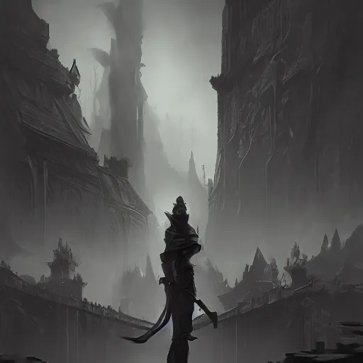 Image similar to fantasy depiction of the realm of shadows, low saturation, high contrast, mostly greyscale, in the style of marcin rubinkowski, greg rutkowski, lorenzo lanfranconi, oleg zherebin, trending on artstation