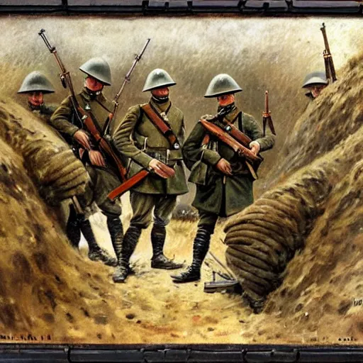 Image similar to inside a trench with a machine gun, ww 1 german soldiers stand at the ready, oil on canvas, 1 9 0 5