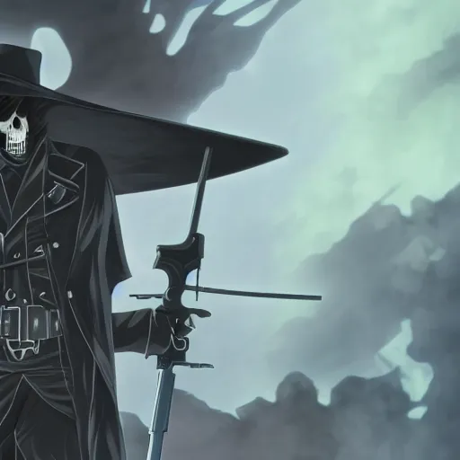 Image similar to a close shot of a grim reaper as gunsliger man in trigun series, skull face, movie shot, anime, hightly detailed, rescalated 4 k, detailed