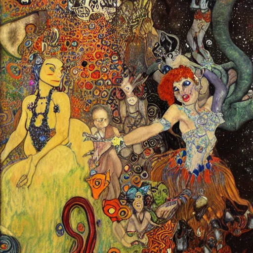 Image similar to princes of hell in alice in wonderland tripping on ayahuasca with faces in the background, intricate detail, painting, klimt, royo, frazetta, whealan,