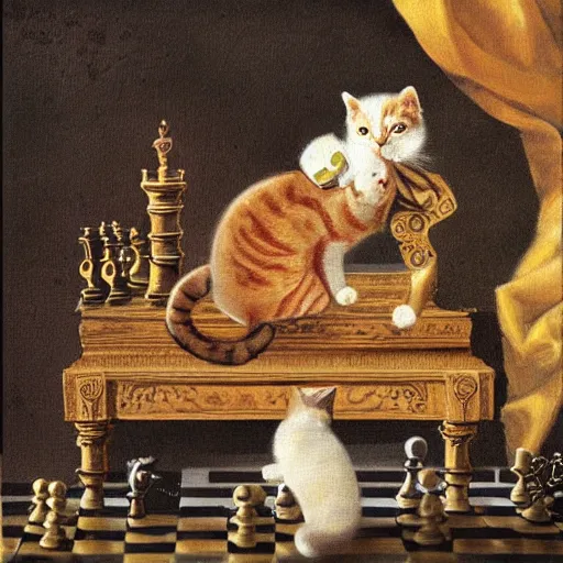 Image similar to cat playing chess looking wise, rococo oil painting