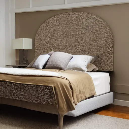 Image similar to award-winning catalog photo modern light limestone headboard in the shape of an ornate fireplace mantel master bedroom