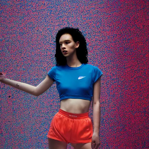 Image similar to nike lookbook campaign in the style of tyler mitchel, blue rays, redshift, wide shot, coloured polaroid photograph, pastel, kodak film, hyper real, stunning moody cinematography, by maripol, fallen angels by wong kar - wai, 3 5 mm, style of suspiria and neon demon, david hockney, detailed, film photography