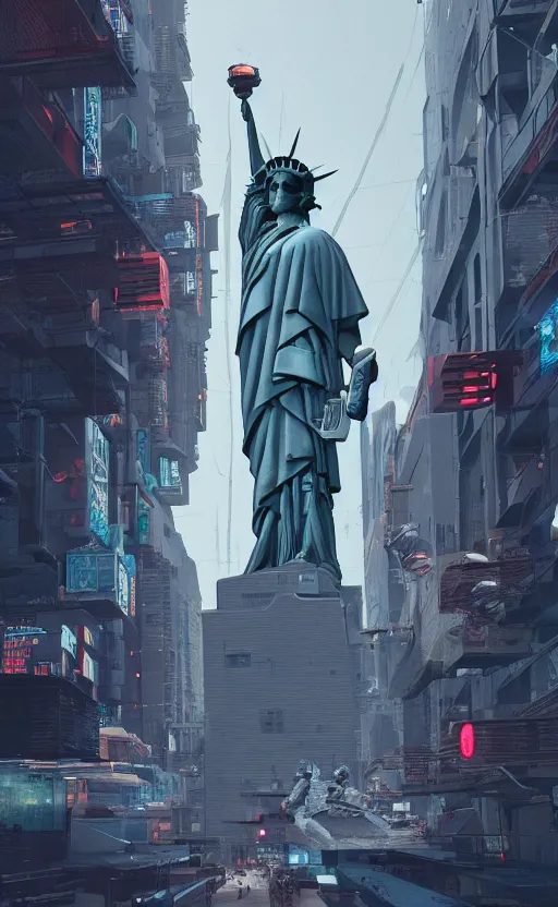 Image similar to a cyberpunk American Statue of Liberty Mount Rushmore in a alley with robots and humans walking around by marcel deneuve and beeple