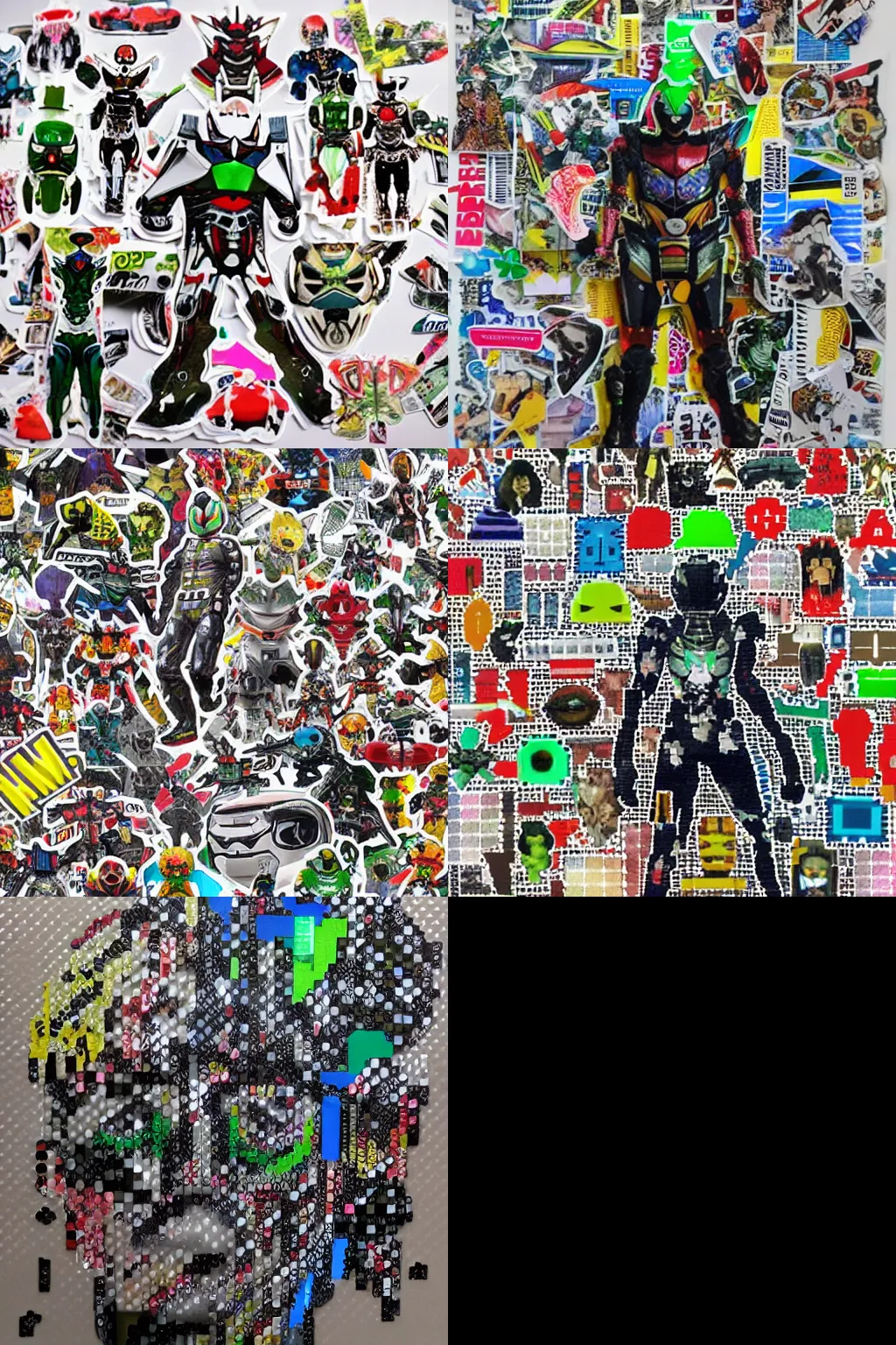 Prompt: kamen rider made out of a collage of stickers