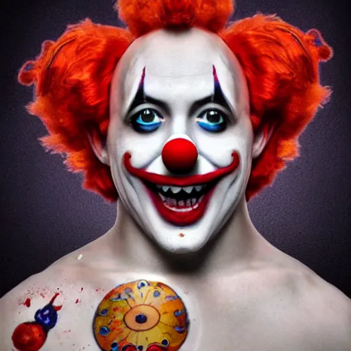 Image similar to 4K headshot of godlike clown with clown nose and defined arms and open hands and bloody clothes with giant mandala wings , intricate runny clown face make-up , flawless anime cel animation by Kentaro Miura, psychedelic , highly detailed upper body , professionally post-processed , beautiful, scary, symmetry accurate features, epic, octane rendered, anime masterpiece, accurate