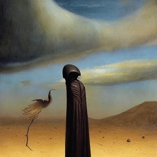 Image similar to Exterior Desert Oasis ripped physique demonic crow wearing a man costume giorgio de chirico Jan Van eyck bastien lecouffe-deharme odd nerdrum dragan bibin john steuart curry