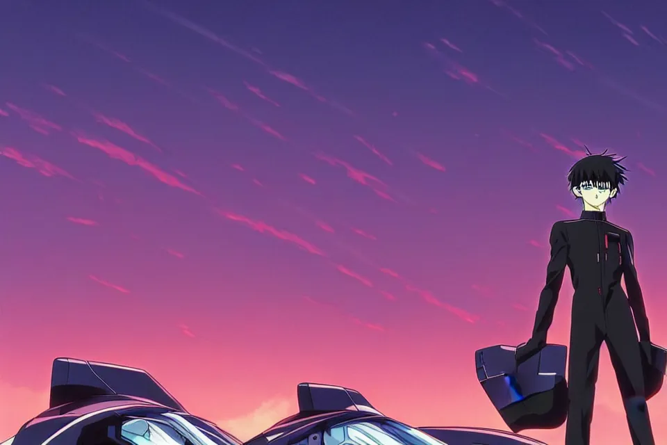 Prompt: anime illustration of lonely ikari shinji standing near his eva - 0 1 car on an empty highway wearing a black plugsuit at dawn, cinematic lighting, evangelion anime poster, rebuild of evangelion 1 0 8 0 p, 9 0 s anime aesthetic, volumetric lights, rule of thirds, unreal engine render, pinterest wallpaper, trending on artstation