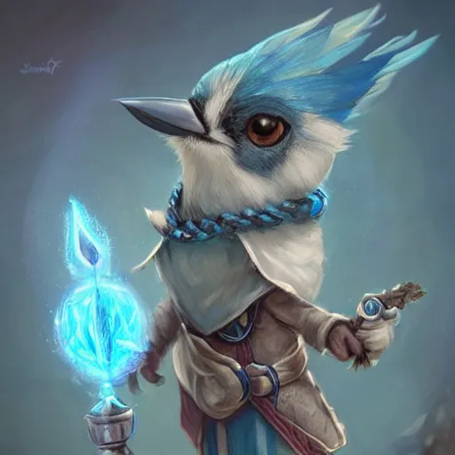 Prompt: cute little anthropomorphic blue jay, wielding a magic staff, tiny, small, short, wizard robe, cute and adorable, pretty, beautiful, dnd character art portrait, matte fantasy painting, deviantart artstation, by jason felix by steve argyle by tyler jacobson by peter mohrbacher, cinema