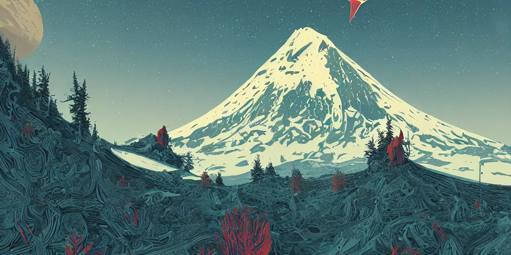 Prompt: Mount hood, Oregon, artstation, intricate, highly detailed, digital painting, concept art, sharp focus, illustration by Kilian Eng and James Gilleard