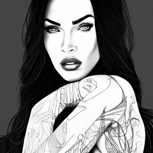 Image similar to “Megan Fox, portrait!!! Portrait based on doodles, scribbled lines, sketch by Liz Y Ahmet monochrome, concept Art, one solid line, ultra detailed portrait, 4k resolution”