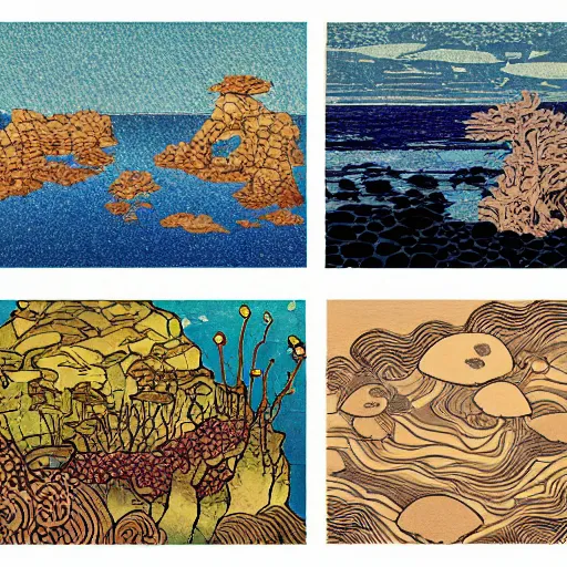 Image similar to detailed ivan bilibin and ilya kuvshinov and katsuhiro otomo inspired woodblock of ocean tidepools.