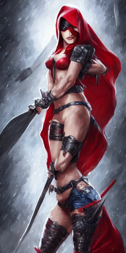 Prompt: photo of gorgeous woman with half white half black hair, in red hood with axe in the style of stefan kostic, realistic, half body shot, sharp focus, 8 k high definition, insanely detailed, intricate, elegant, art by stanley lau and artgerm, foggy background, pinup, fantasy