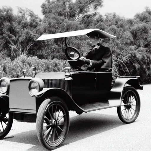 Image similar to a quokka driving a model t ford, black and white photograph