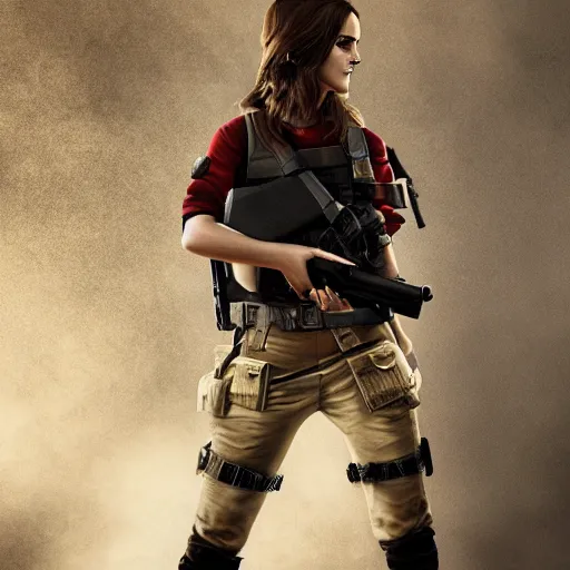 Image similar to Emma Watson a dressed as Catalan Terrorist in CSGO ,hyperrealistic, 8k UHD, studio photography, high quality, high detail, stunning lighting